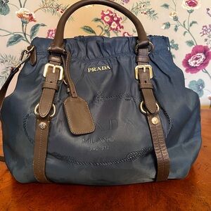 Vintage Prada Dark Teal Blue Nylon And Leather 2-Way Shoulder Handbag